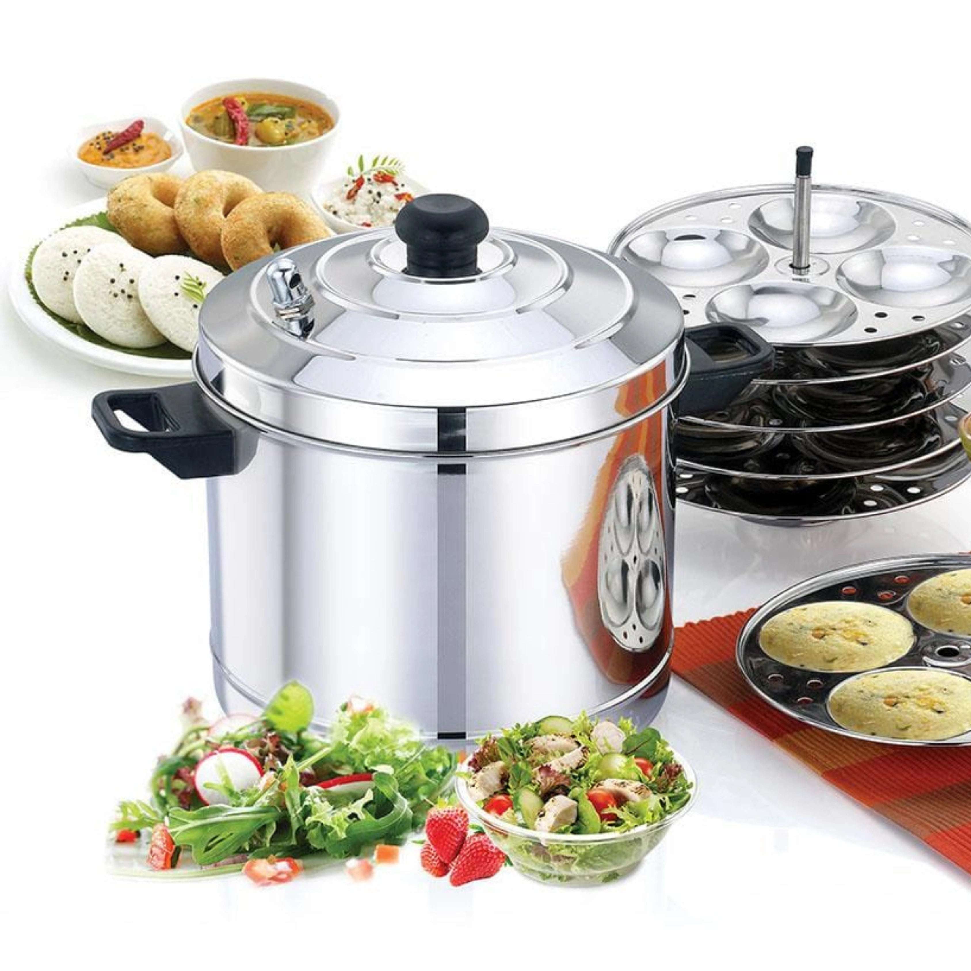 Idly Cooker Stainless Steel  – 4 Plate / 6 Plate | Induction & Gas Compatible | With Steam Whistle | Rust-Free & Durable